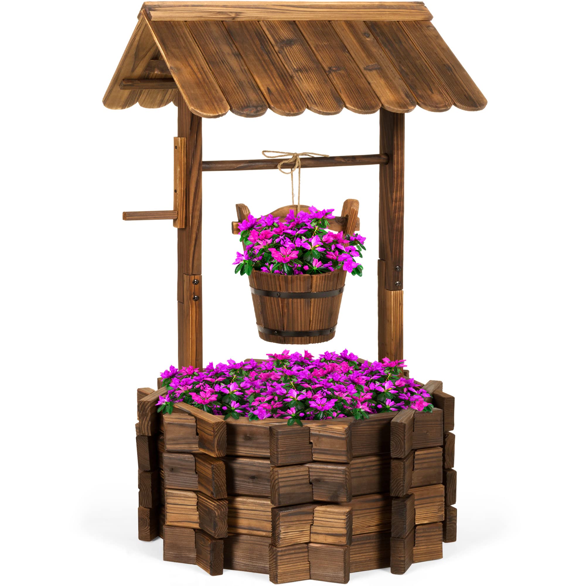 Best Choice Products Rustic Wooden Wishing Well Planter Outdoor Home Décor for Patio, Garden, Yard w/Hanging Bucket