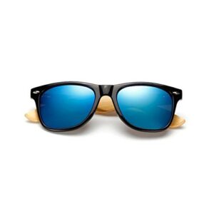 Long Keeper Bamboo Wood Arms Sunglasses for Women Men (Black, Blue)