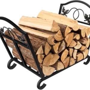 AMAGABELI GARDEN & HOME Firewood Rack Indoor Outdoor Heavy Duty Foldable Firewood Holder Wrought Iron Fireplace Log Holders with Leaves Design and Raised Arched Feet Wood Rack for Firewood Black