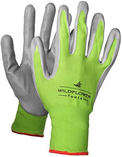 WILDFLOWER Tools Gardening Gloves for Women and Men - Nitrile Coating for Protection (Small, Purple Pair/Green Pair with White Cuff Hem)