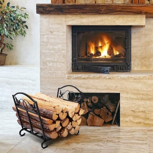 AMAGABELI GARDEN & HOME Firewood Rack Indoor Outdoor Heavy Duty Foldable Firewood Holder Wrought Iron Fireplace Log Holders with Leaves Design and Raised Arched Feet Wood Rack for Firewood Black