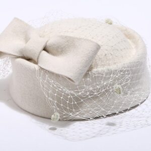 Pillbox Hat Fascinator Beret Wedding Party Top Hat Church Wool Hat for Women (Ivory)