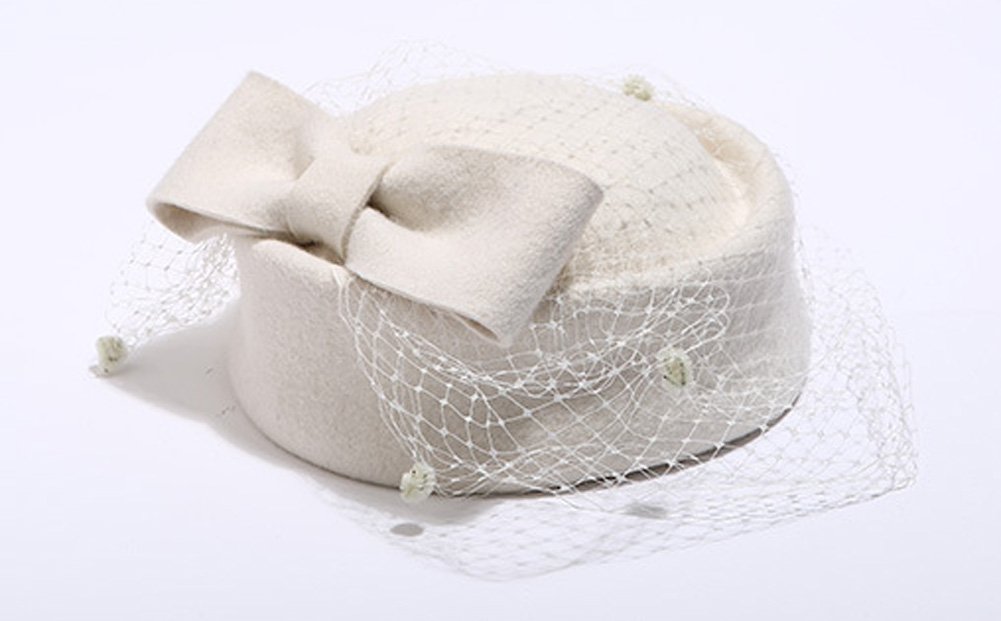 Pillbox Hat Fascinator Beret Wedding Party Top Hat Church Wool Hat for Women (Ivory)