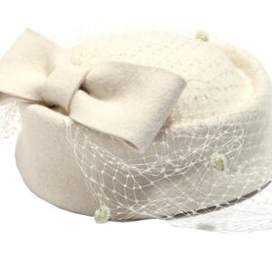 Pillbox Hat Fascinator Beret Wedding Party Top Hat Church Wool Hat for Women (Ivory)