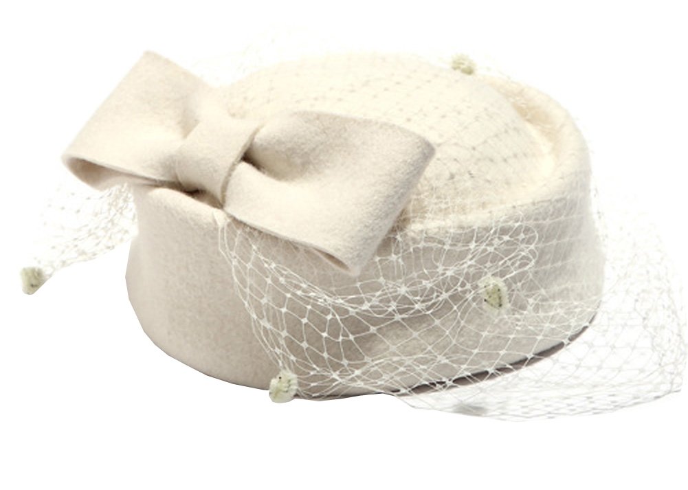 Pillbox Hat Fascinator Beret Wedding Party Top Hat Church Wool Hat for Women (Ivory)