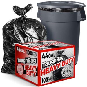 toughbag 44 gallon commercial trash bags, 38x46” (100 count) – 39, 40, 42 gallon contractor bags, black garbage bags, trash can liners for custodians, landscapers, and contractors - made in usa