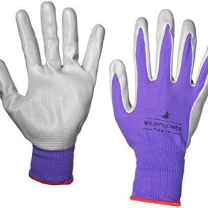 WILDFLOWER Tools Gardening Gloves for Women and Men - Nitrile Coating for Protection (Small, Purple Pair/Green Pair with White Cuff Hem)