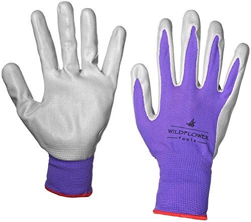 WILDFLOWER Tools Gardening Gloves for Women and Men - Nitrile Coating for Protection (Small, Purple Pair/Green Pair with White Cuff Hem)