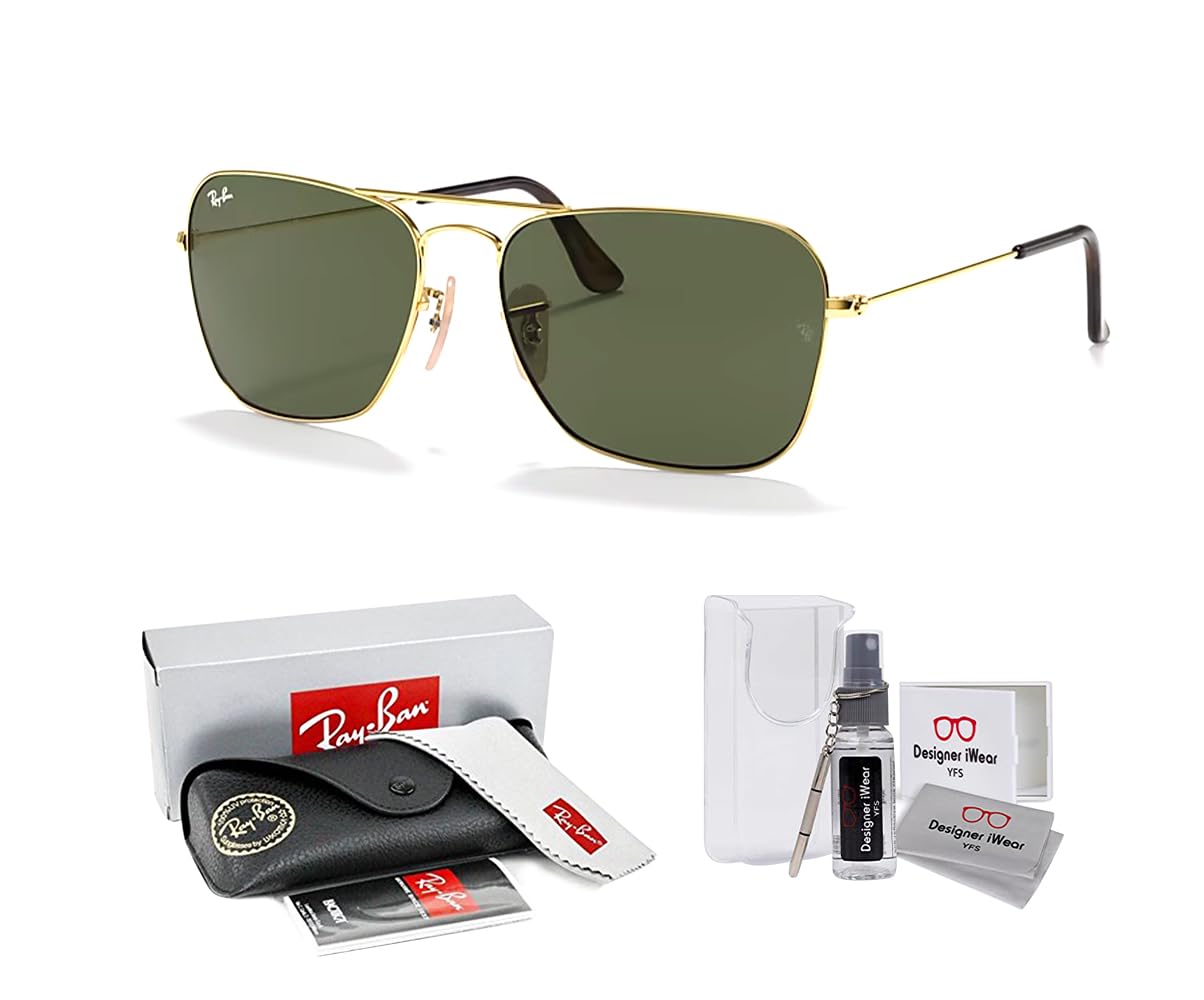 Ray Ban RB3136 CARAVAN Sunglasses For Men For Women, Gold/Dark Green, 55 mm