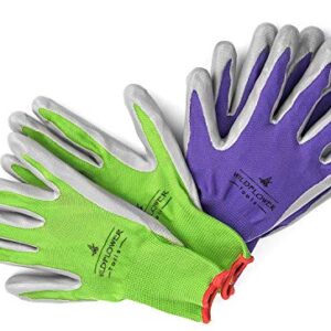 WILDFLOWER Tools Gardening Gloves for Women and Men - Nitrile Coating for Protection (Small, Purple Pair/Green Pair with White Cuff Hem)