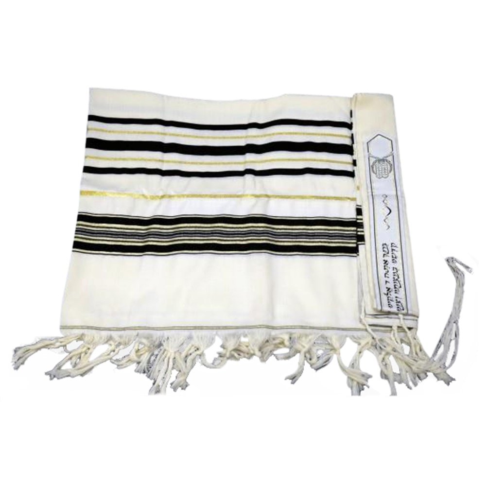 Black & Gold 100% Wool Kosher Tallit Prayer Shawl Made by Mishcan Hathelet (size 70 - (60 inches x 72 inches))