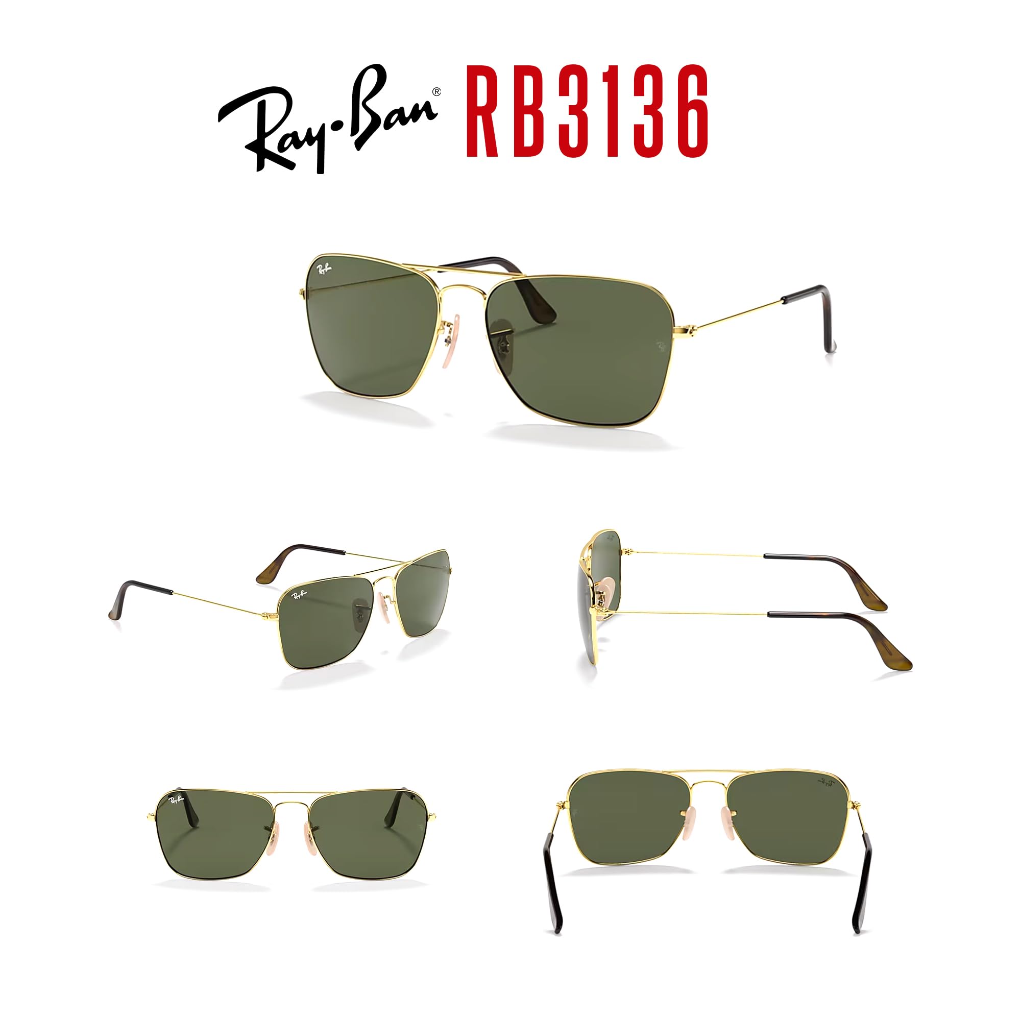 Ray Ban RB3136 CARAVAN Sunglasses For Men For Women, Gold/Dark Green, 55 mm