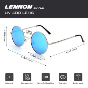 CGID E01 Lennon Polarized Sunglasses with Case for Women Men Circle Round Retro Vintage Sun Glasses Circular Shades Sliver Metal Rimmed Blue Mirror Lens, Small 45mm, Gift Package