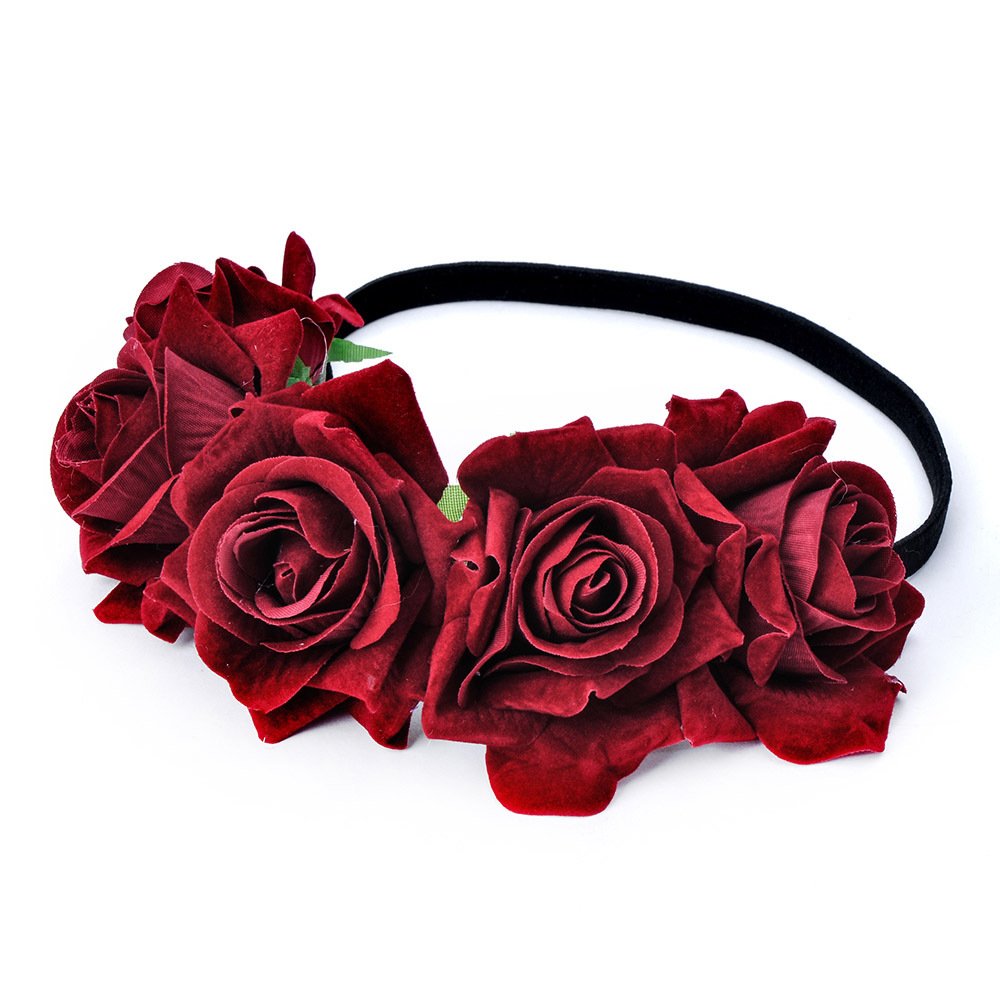 DreamLily Rose Flower Crown Wedding Festival Headband Hair Garland Wedding Headpiece (1-Burgundy)