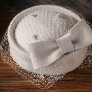 Pillbox Hat Fascinator Beret Wedding Party Top Hat Church Wool Hat for Women (Ivory)