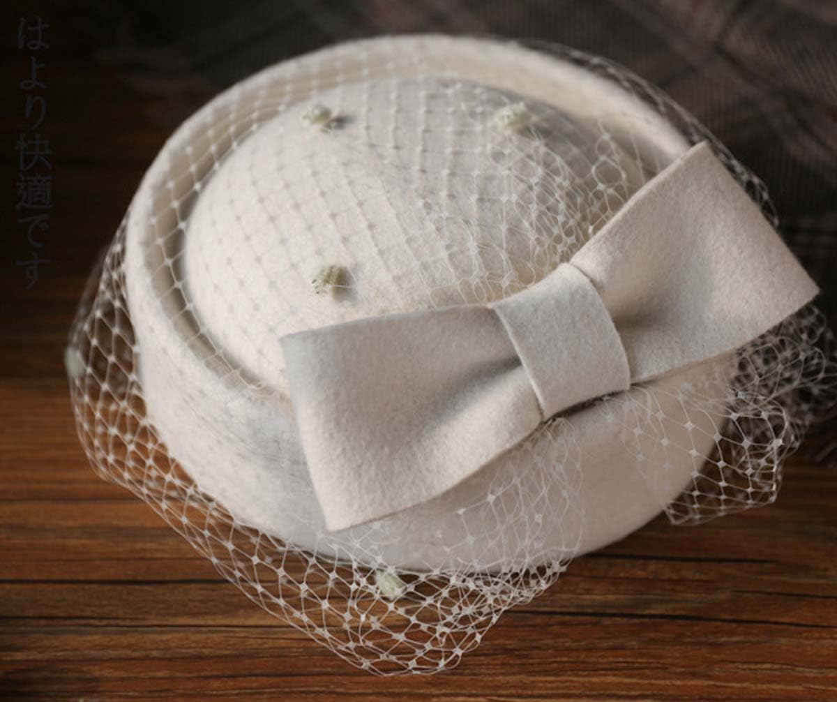 Pillbox Hat Fascinator Beret Wedding Party Top Hat Church Wool Hat for Women (Ivory)