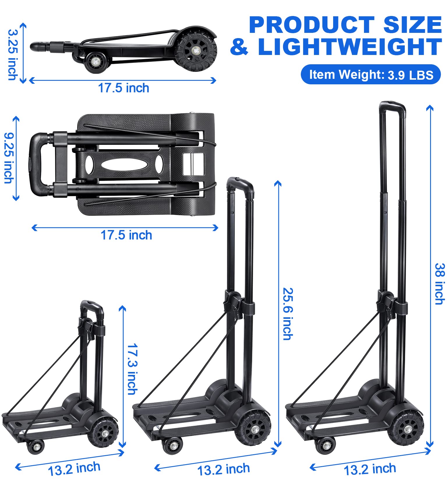 ROYI Folding Hand Truck,290lbs Heavy Duty Luggage Cart with Elastic Bungee Rope,4 Wheels Solid Construction Fold Up Dolly Compact Lightweight Utility Cart for Luggage Travel Shopping Moving Office Use