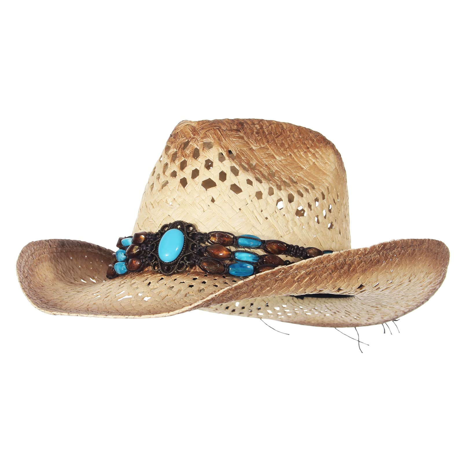 La Vogue Straw Cowboy Hat Bend Brim Fedora Hat Faux Turquoise Belt Brown