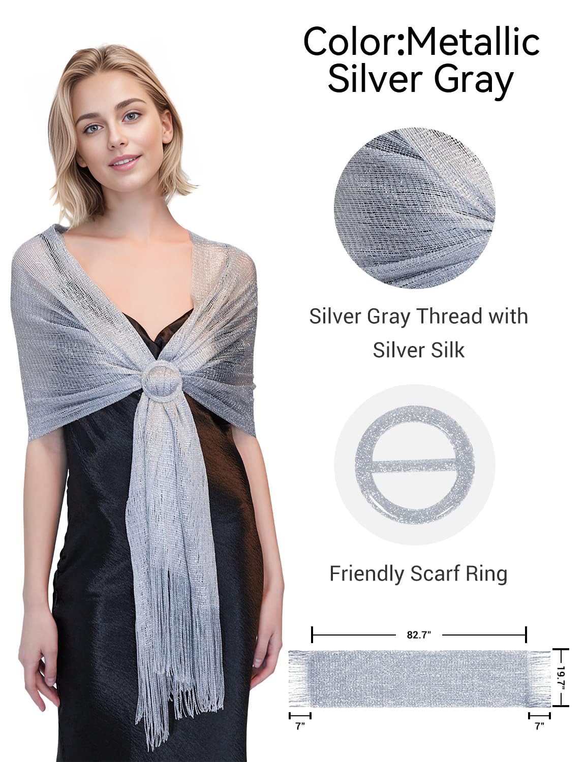 MissShorthair Women's Sparkle Shawls and Wraps for Party Dresses 01Metallic Silver Gray