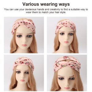 DRESHOW 4 Pack Boho Cotton Non-Slip Headbands for Women Girls Yoga Workout Running Knotted Turban Floral Elastic Head Wrap