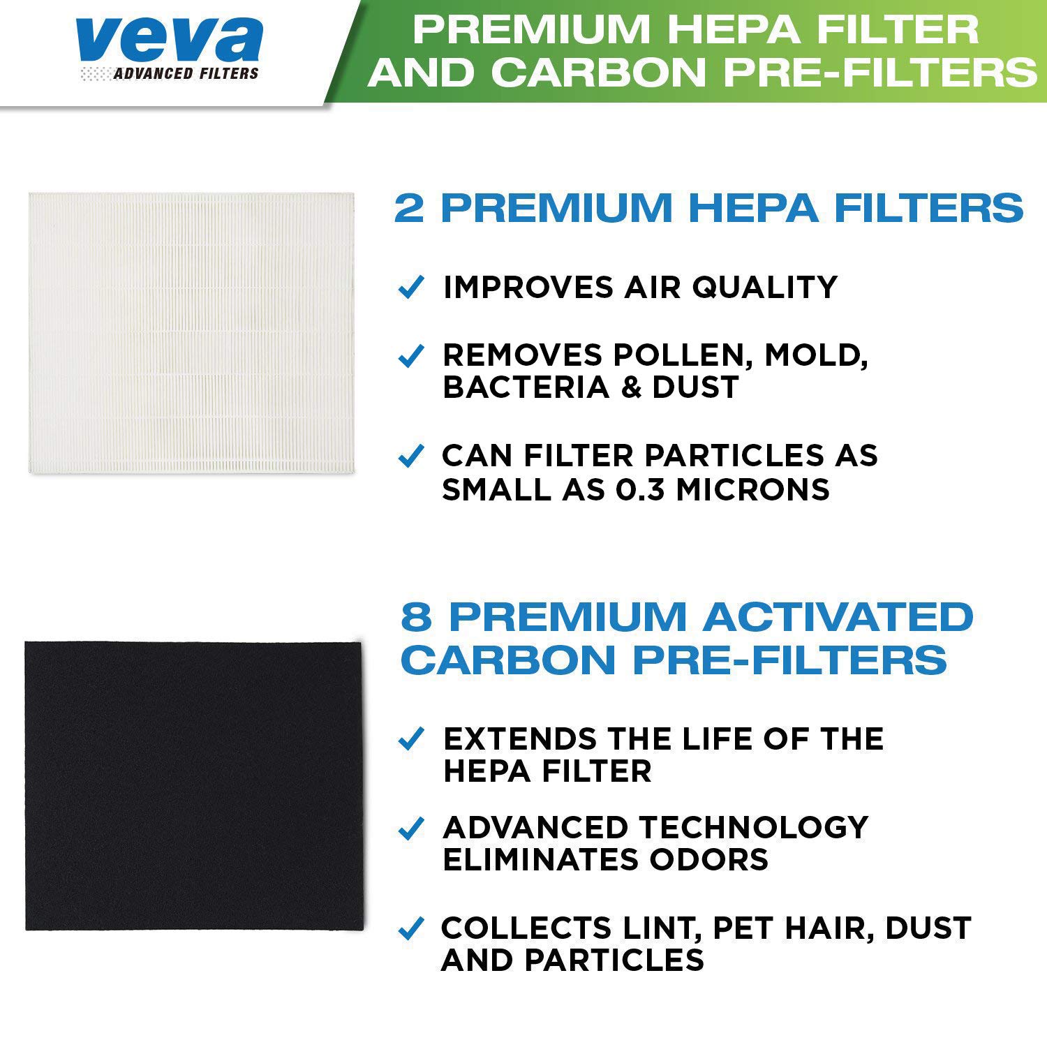 VEVA HEPA Filters Compatible with Coway Airmega AP-1512HH - 2 Pack HEPA Air Purifier Filters with 8 Charcoal Pre-Filters compatible with Coway Airmega 200M Air Purifier