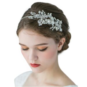 SWEETV Handmade Pearl Wedding Headbands for Women Silver Rhinestone Hair Band Bridal Headpieces for Bride Hair Jewelry Accessories