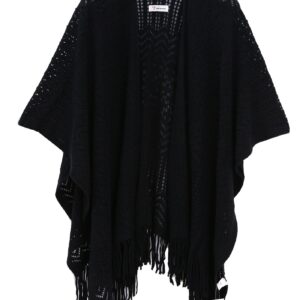 Knit Shawl Wrap for Women - Soul Young Ladies Fringe Knitted Poncho Blanket Cardigan Cape(One Size,Black)