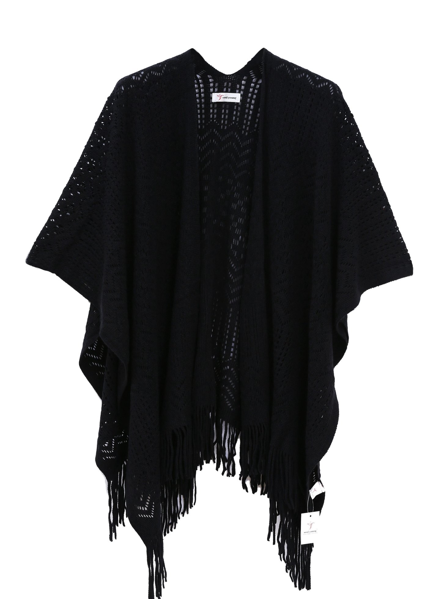 Knit Shawl Wrap for Women - Soul Young Ladies Fringe Knitted Poncho Blanket Cardigan Cape(One Size,Black)