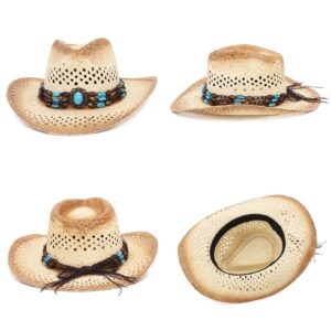 La Vogue Straw Cowboy Hat Bend Brim Fedora Hat Faux Turquoise Belt Brown