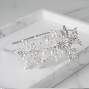 SWEETV Handmade Pearl Wedding Headbands for Women Silver Rhinestone Hair Band Bridal Headpieces for Bride Hair Jewelry Accessories