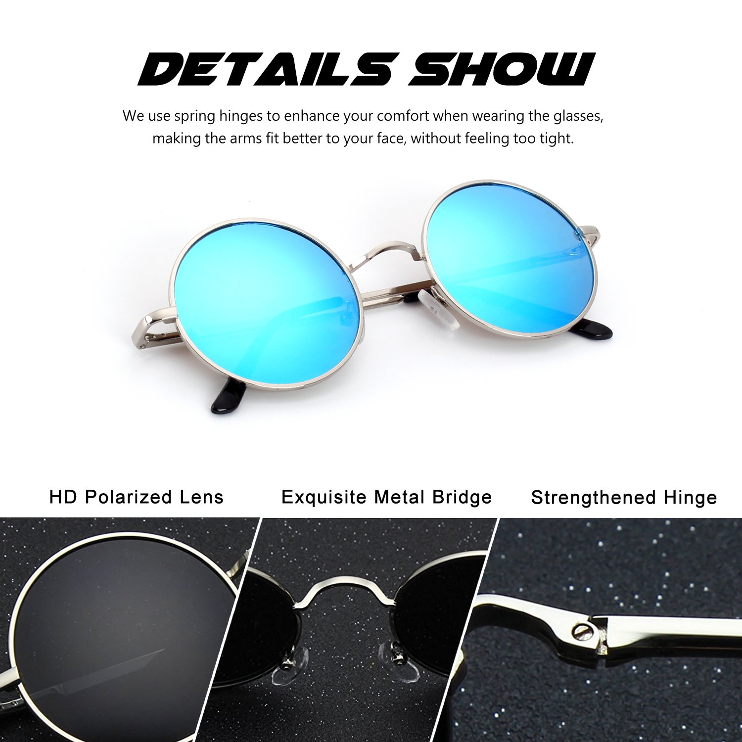 CGID E01 Lennon Polarized Sunglasses with Case for Women Men Circle Round Retro Vintage Sun Glasses Circular Shades Sliver Metal Rimmed Blue Mirror Lens, Small 45mm, Gift Package