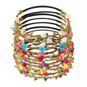 Candygirl Rose Bohemian Flower Crown Headbands - 12pcs Floral Garland Headpieces for Women and Girls