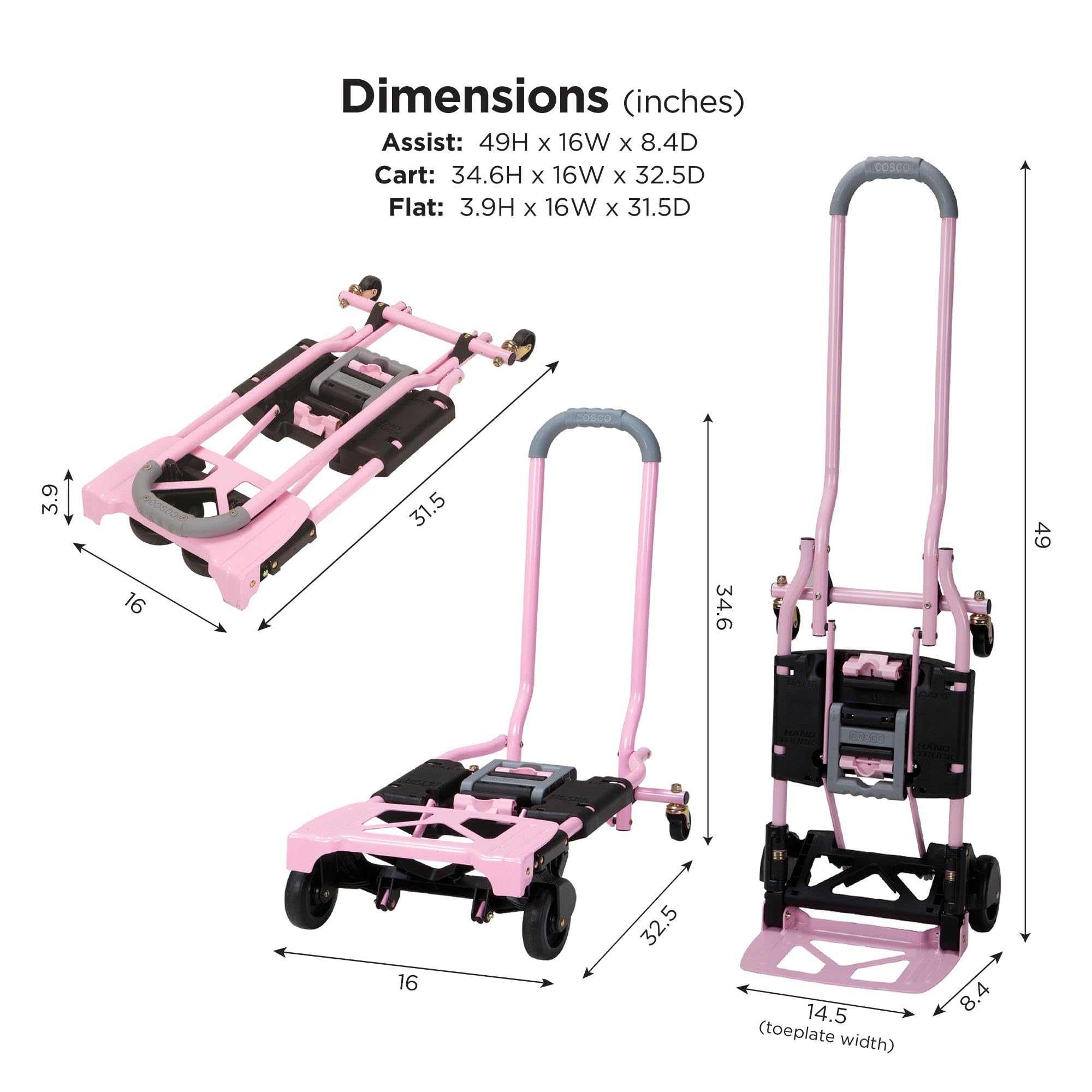 COSCO Shifter Multi-Position Folding Hand Truck and Cart, 300 lb. Weight Capacity, Pink