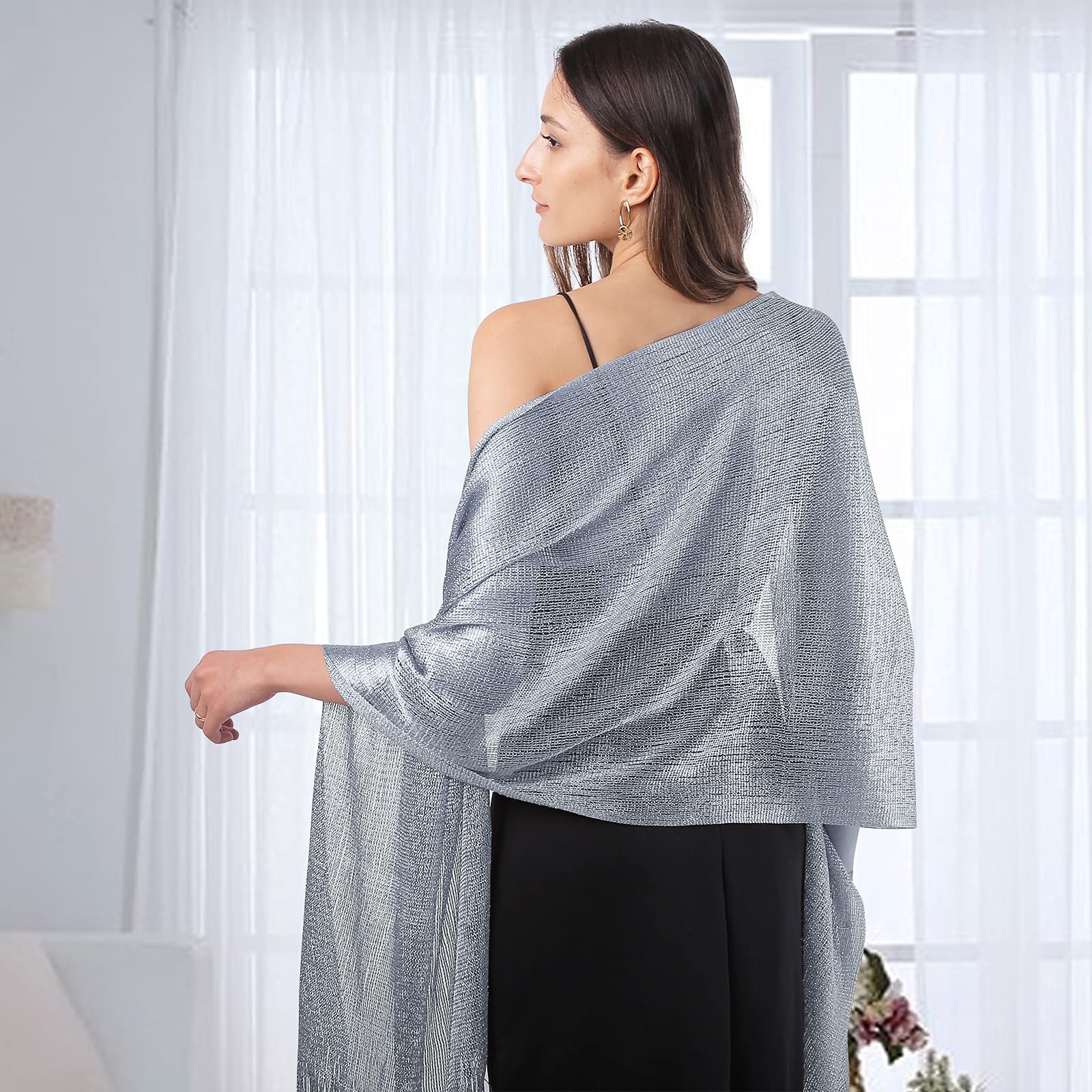 MissShorthair Women's Sparkle Shawls and Wraps for Party Dresses 01Metallic Silver Gray