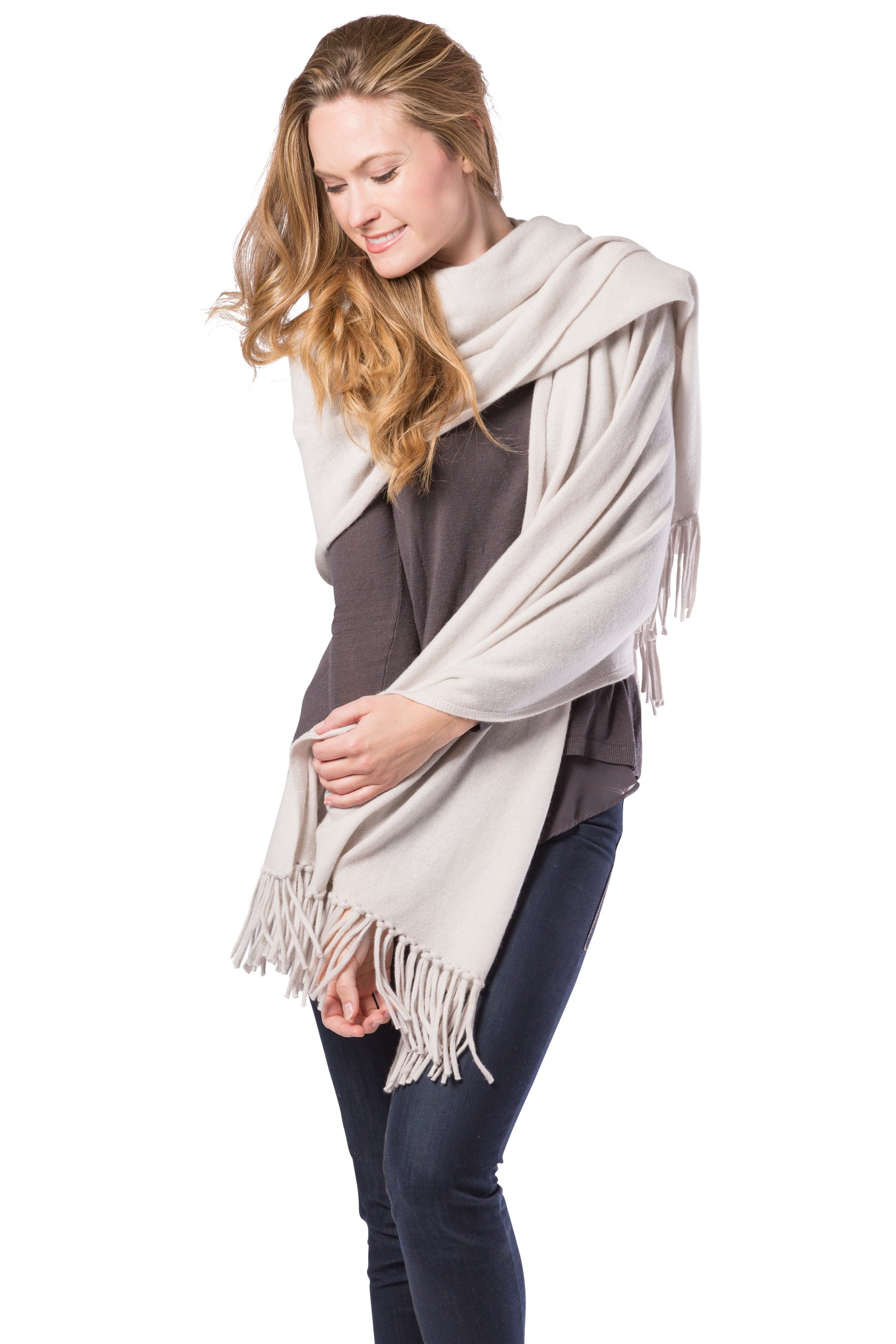 Fishers Finery Women's 100% Cashmere Knit Wrap Shawl (Stone)