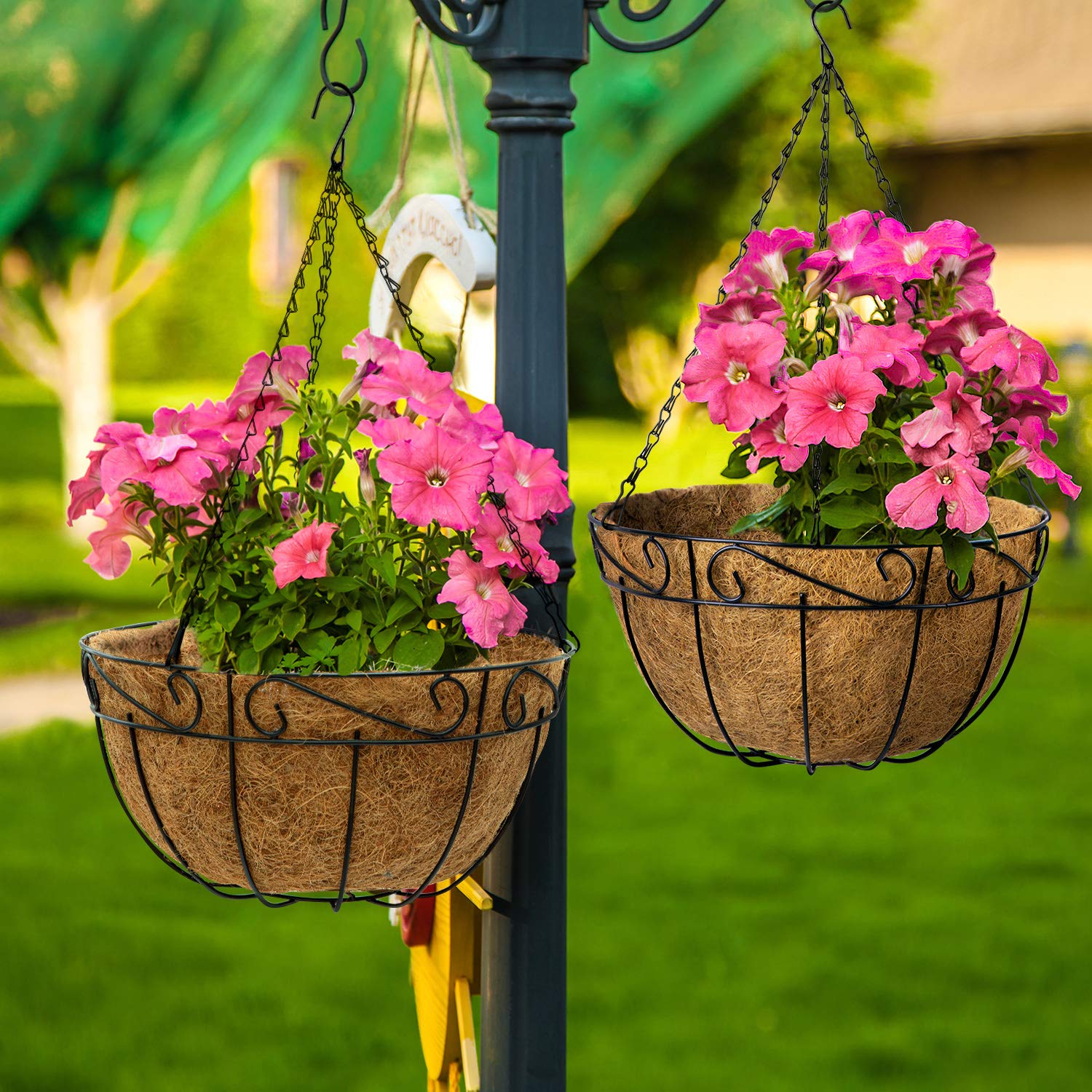 AMAGABELI GARDEN & HOME 4 Pack 14 Inch Plant Hanging Baskets Metal for Flowers Round Outdoor Hanging Pots Holder Hanger Metal with Coco Liner Chain Large Artificial Plants Decoration Black Basket14