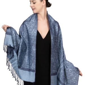 Achillea Two Tone Vintage Jacquard Paisley Pashmina Shawl Wrap Scarf (Steel Blue)