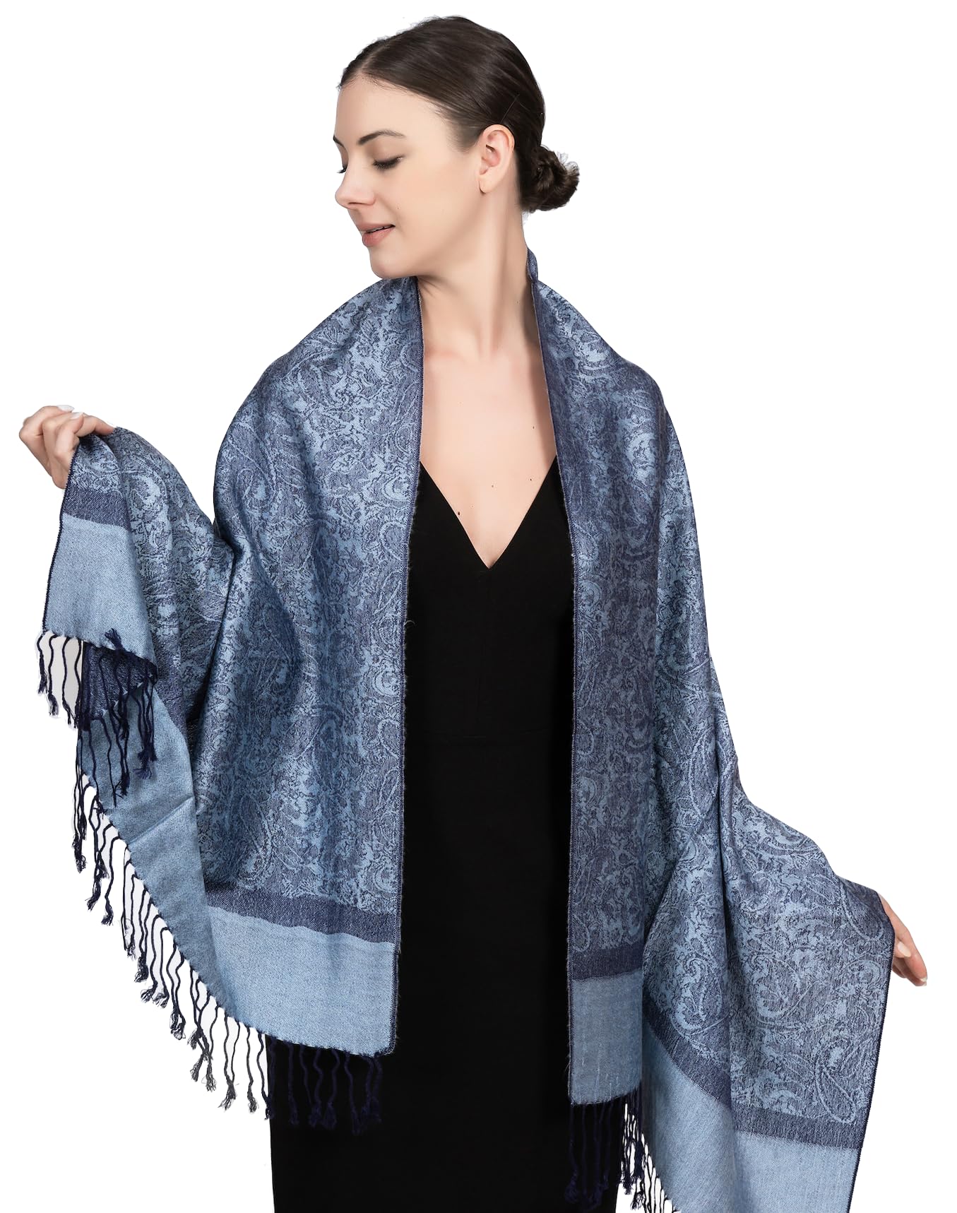 Achillea Two Tone Vintage Jacquard Paisley Pashmina Shawl Wrap Scarf (Steel Blue)