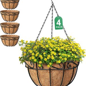 AMAGABELI GARDEN & HOME 4 Pack 14 Inch Plant Hanging Baskets Metal for Flowers Round Outdoor Hanging Pots Holder Hanger Metal with Coco Liner Chain Large Artificial Plants Decoration Black Basket14