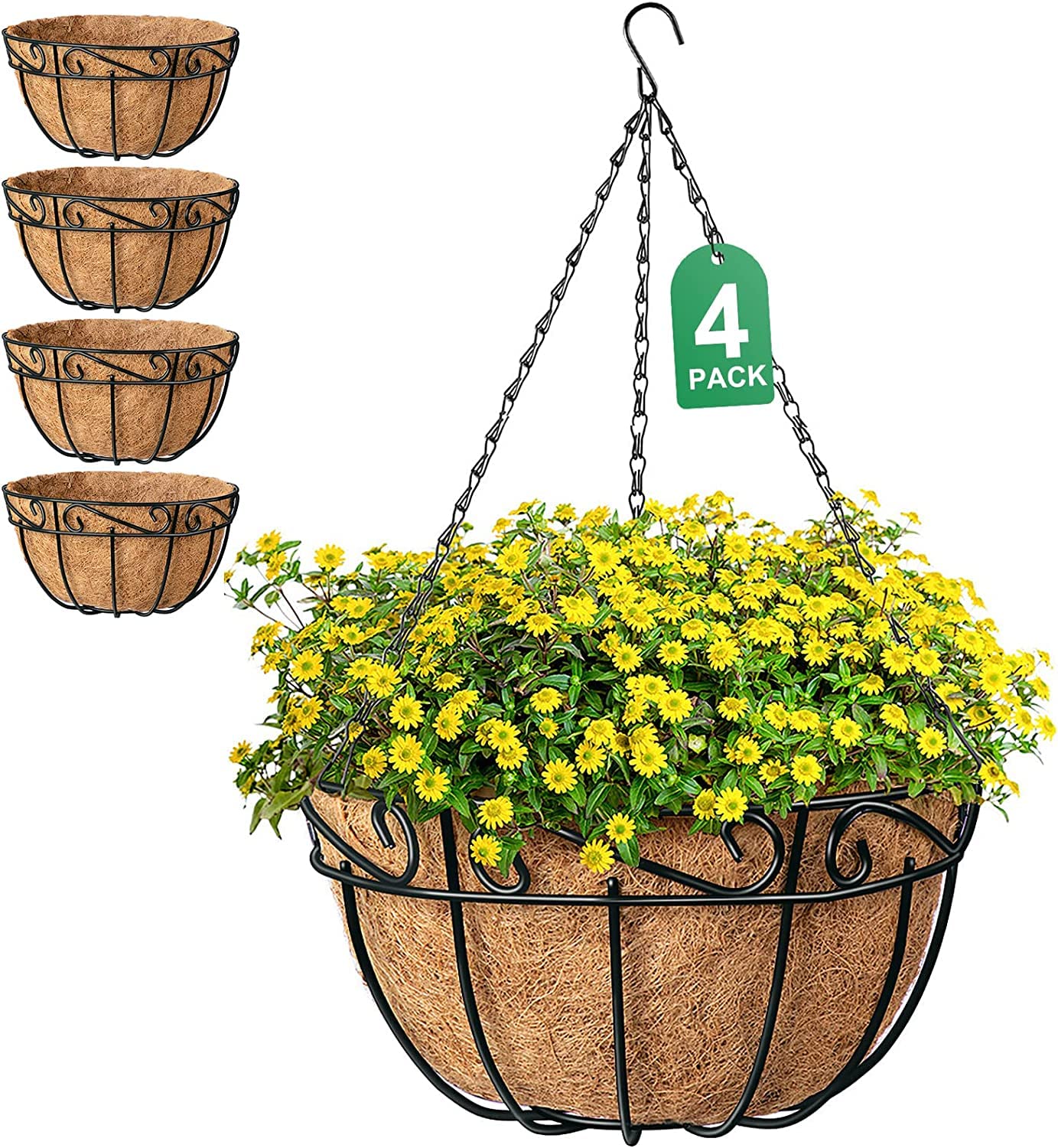 AMAGABELI GARDEN & HOME 4 Pack 14 Inch Plant Hanging Baskets Metal for Flowers Round Outdoor Hanging Pots Holder Hanger Metal with Coco Liner Chain Large Artificial Plants Decoration Black Basket14