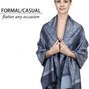 Achillea Two Tone Vintage Jacquard Paisley Pashmina Shawl Wrap Scarf (Steel Blue)