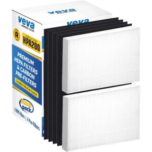 veva hepa filter replacement 6 pack - includes 2 premium, precut hepa filters and 4 carbon air purifier filter replacements - compatible w/ hpa200, 202, 204, 250b and filter r