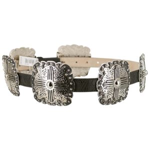 Angel Ranch Ladies Black Floral Embossed Leather Belt with Antique Silver Tone Square Conchos, Removable Buckle, Small