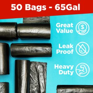 ToughBag 64-65 Gallon Industrial Trash Bags, 50 x 60” Large Black Garbage Bags (50 COUNT) – 60 Gallon Trash Bags, Outdoor Garbage Can Liner for Custodians, Landscapers, Contractors - Made In USA