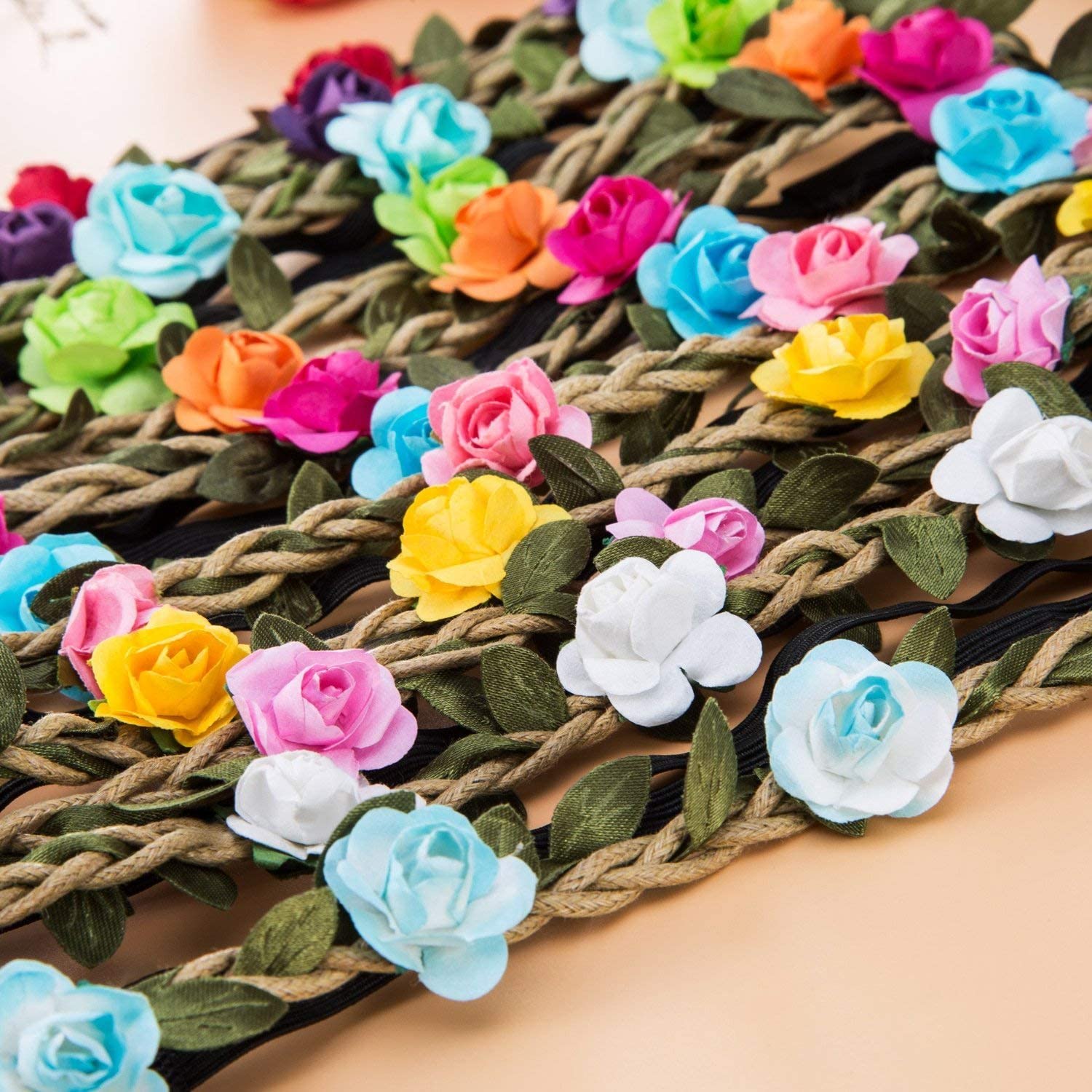 Candygirl Rose Bohemian Flower Crown Headbands - 12pcs Floral Garland Headpieces for Women and Girls