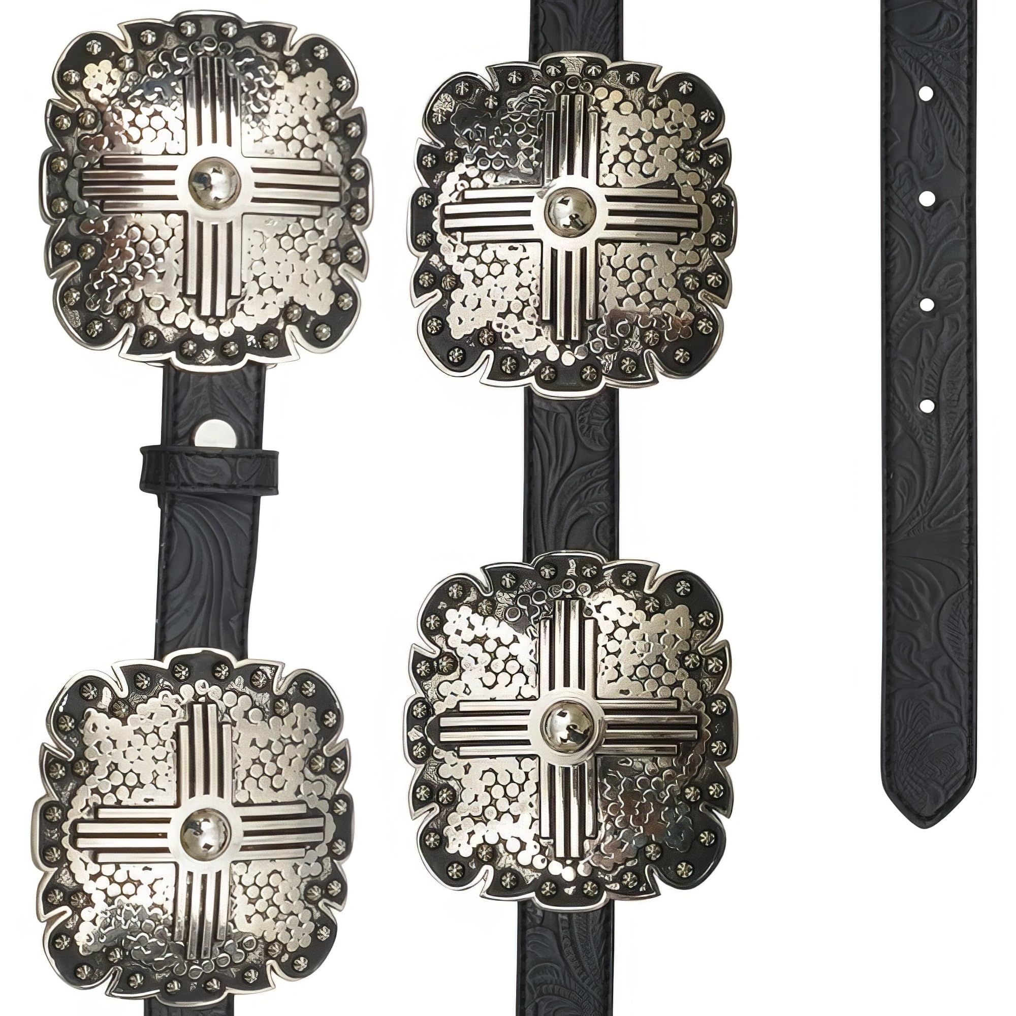 Angel Ranch Ladies Black Floral Embossed Leather Belt with Antique Silver Tone Square Conchos, Removable Buckle, Small