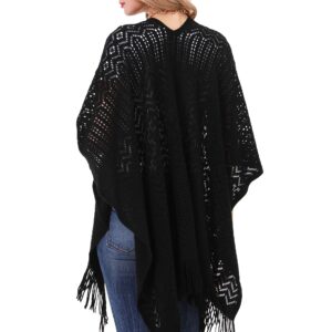 Knit Shawl Wrap for Women - Soul Young Ladies Fringe Knitted Poncho Blanket Cardigan Cape(One Size,Black)