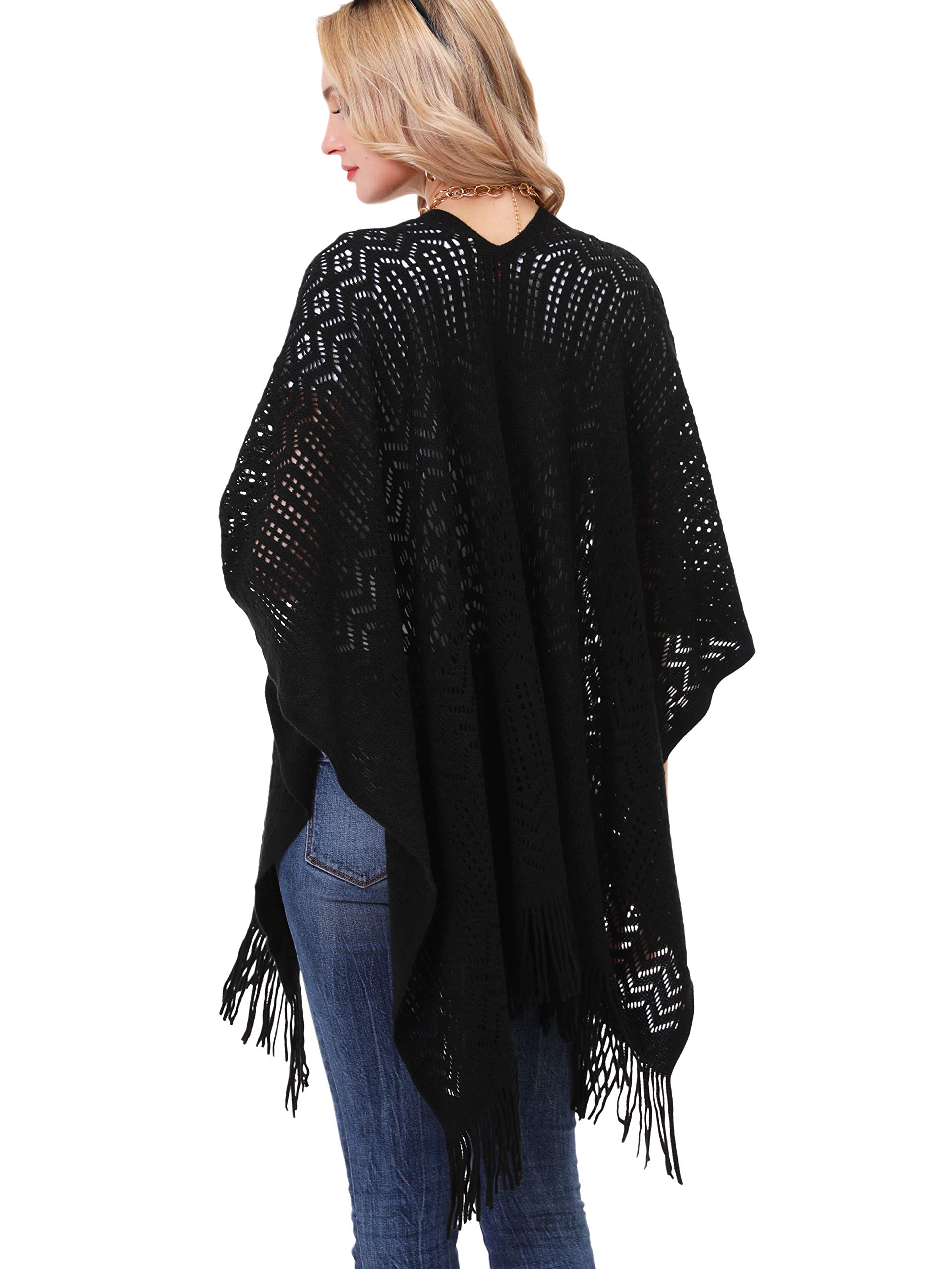 Knit Shawl Wrap for Women - Soul Young Ladies Fringe Knitted Poncho Blanket Cardigan Cape(One Size,Black)