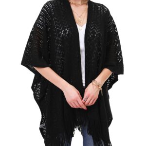 Knit Shawl Wrap for Women - Soul Young Ladies Fringe Knitted Poncho Blanket Cardigan Cape(One Size,Black)