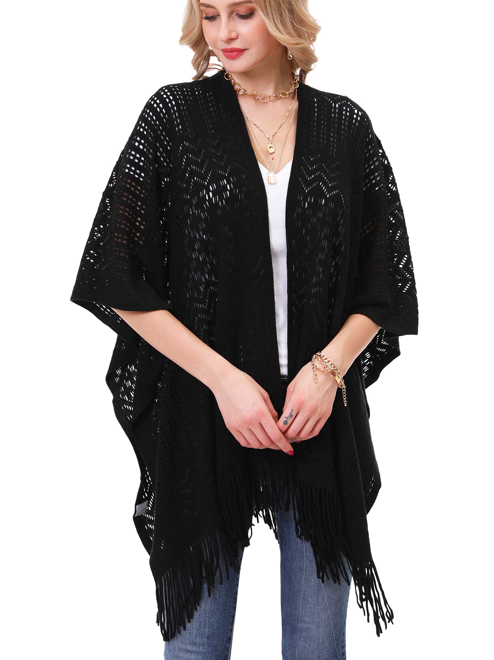 Knit Shawl Wrap for Women - Soul Young Ladies Fringe Knitted Poncho Blanket Cardigan Cape(One Size,Black)